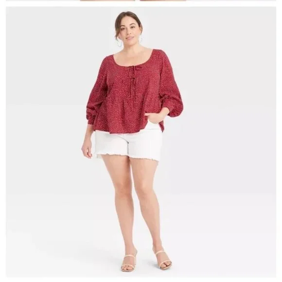 Ava & Viv Women’s Size 2X Red & White Babydoll Long Sleeve Blouse - Picture 3 of 8